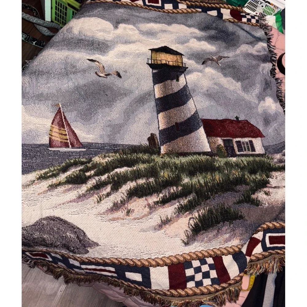 Coastal Lighthouse Woven‎ Tapestry Throw Blanket Fringe 52x70 Vintage Style